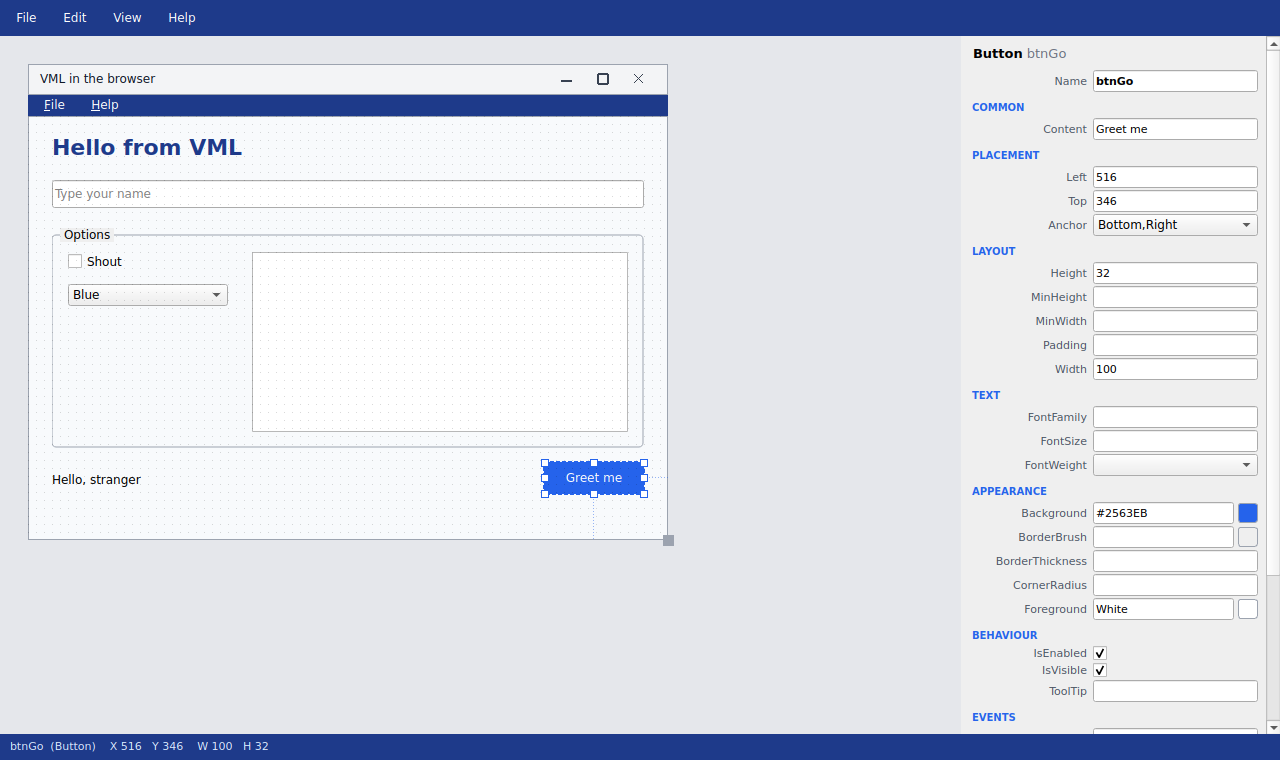 The Visualised designer: a form with a menu, a frame and anchored controls, and the property grid